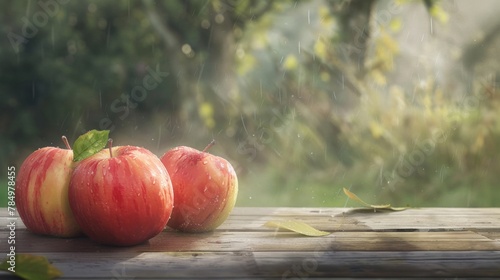 Three wet red apples with water droplets, resting on a rustic wooden table during a gentle rainfall.