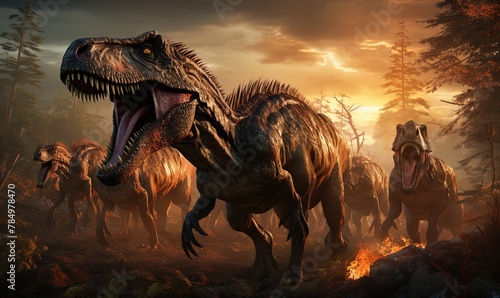 Group of Dinosaurs Walking Through Forest