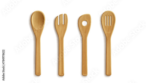 3D set of wooden kitchen utensils isolated on white background. Vector realistic illustration of yellow spoon and spatula, reusable tableware made of organic material, restaurant cooking tools