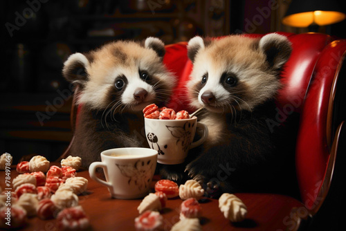 Adorable baby pandas sipping milk from a feeder against a solid red background, their fluffy fur contrasting with the vibrant color. photo
