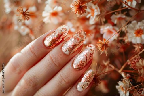 Artistic Floral Nail Design on Woman   s Hand Amongst Blooming Spring Flower