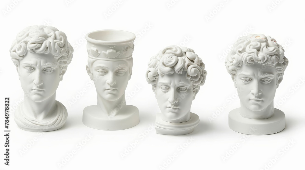 Obraz premium Ancient classical marble gypsum stoic, roman, greek bust, busts head sculpture against a colored background representing historical figures 