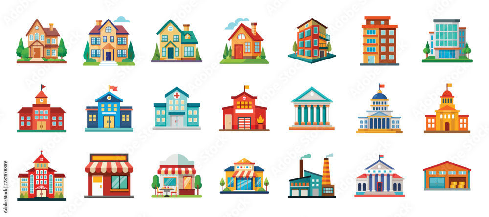 City buildings flat icons vector cartoon illustration.. Cute victorian house, townhouse, school, hospital, shop, factory, bank, public library, police station  clipart for architecture.