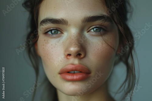 Captivating Close-up of a Young Woman with Natural Makeup and Delicate Freckles