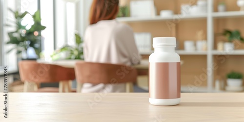 A plain supplement bottle stands on a wooden table with a blurred background of a modern, minimalist interior. photo