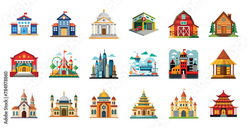 Buildings flat icons vector cartoon illustration. Cute school house, mosque, theater skyscraper, garage, prison, amusement park, castle clipart for city architecture.