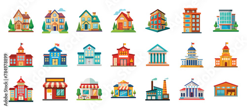 City buildings flat icons vector cartoon illustration.. Cute victorian house, townhouse, school, hospital, shop, factory, bank, public library, police station  clipart for architecture.
