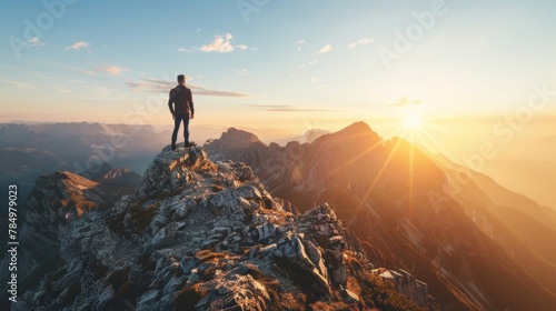 A lone man stands on a mountain peak as the sunrise illuminates the vast landscape, embodying adventure.