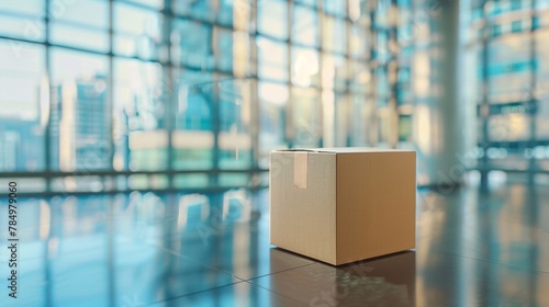 A single cardboard box on the glossy floor of a bright, modern office.