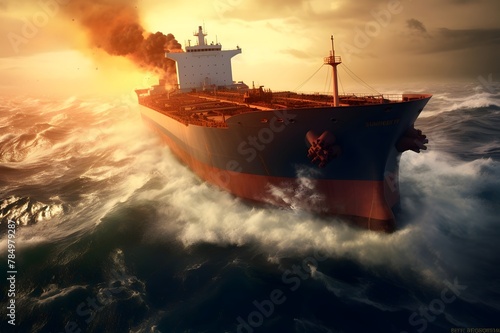 Large tanker ship sailing in the sea at sunset