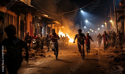 Group of People Running Down Street at Night