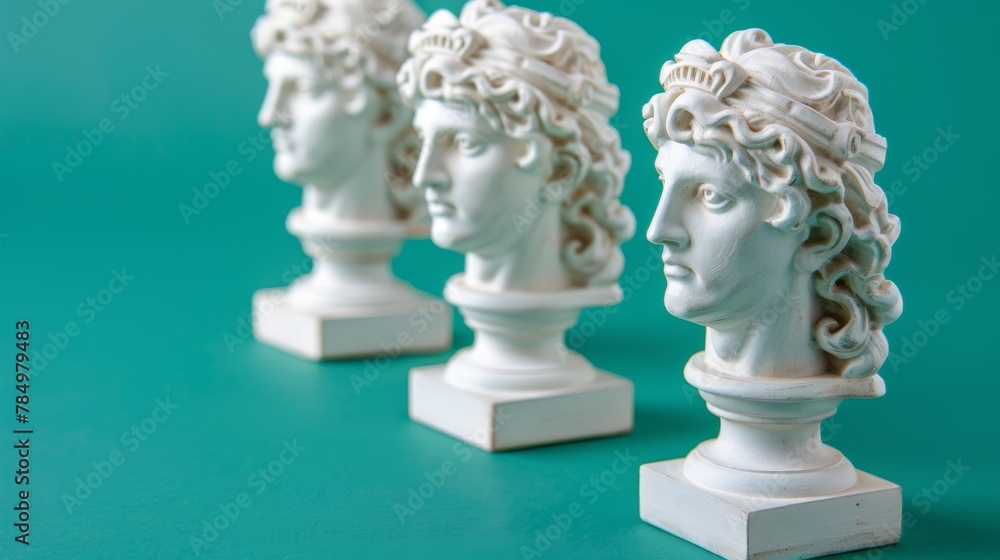 Obraz premium Ancient classical marble gypsum stoic, roman, greek bust, busts head sculpture against a colored background representing historical figures 