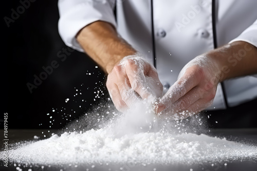 A Chef is making flour for bakery, pizza, breadon a black background