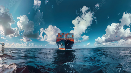 A massive cargo ship laden with containers navigates through the vast expanse of the open ocean