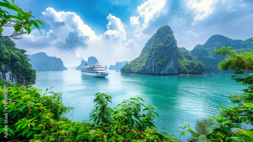 A large cruise ship navigates through the water, flanked by lush green trees in a tropical bay setting