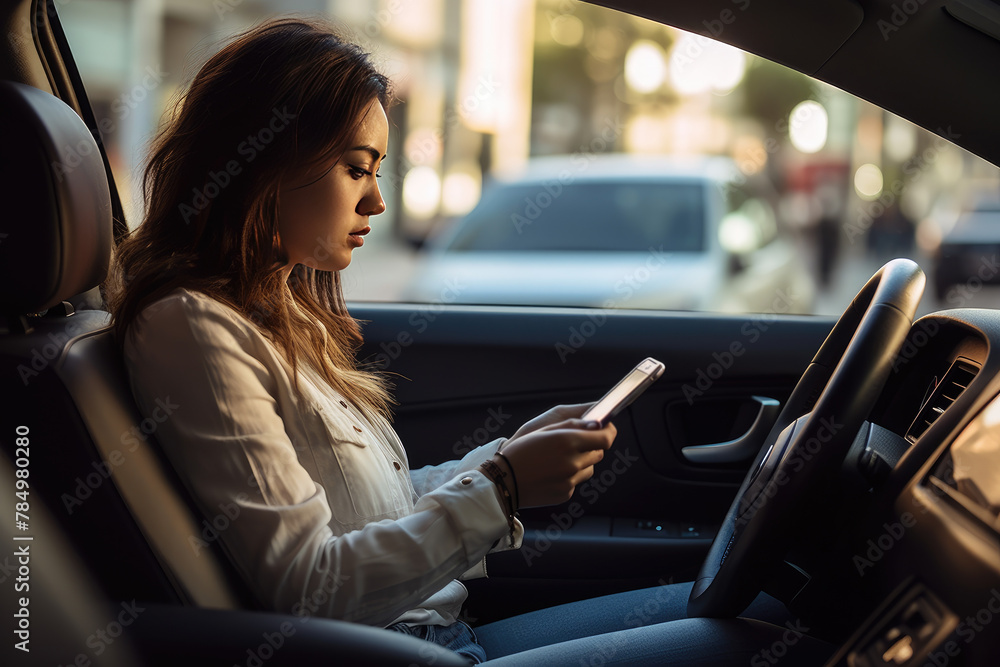 Young Woman Checking Smartphone While Sitting in the Driver's Seat of Her Car
