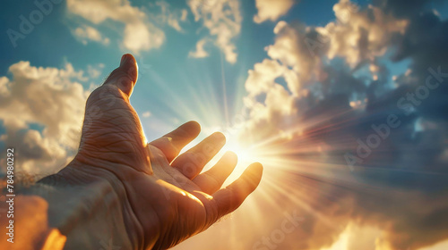 A person holds their hand up towards the bright sun in a gesture of reverence and connection with nature