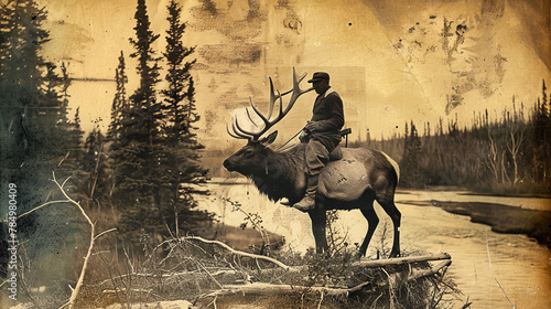 A daring man rides a majestic moose across a rushing river. Retro photography