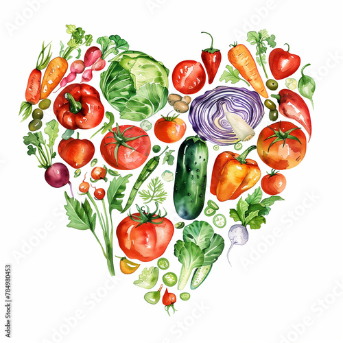 The illustration features a heart shape formed by a collection of watercolor vegetables with a variety of textures and colors. Leafy green lettuce and a robust, verdant broccoli crown create the upper