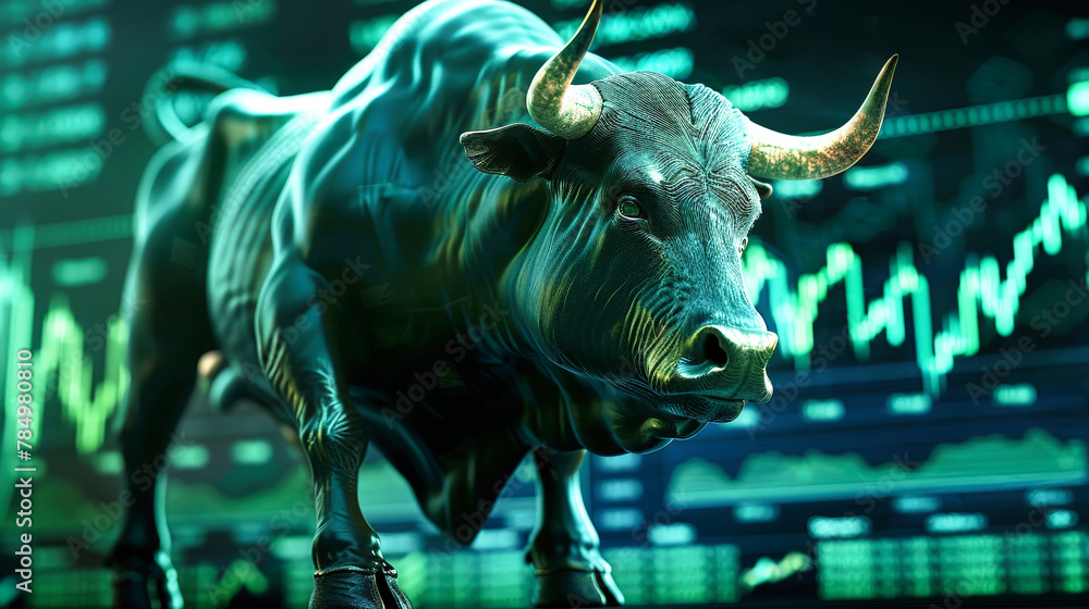 Obraz premium A bull stands confidently in front of a detailed stock chart, symbolizing bullish market sentiment and positive growth in the stock exchange