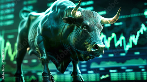 A bull stands confidently in front of a detailed stock chart  symbolizing bullish market sentiment and positive growth in the stock exchange