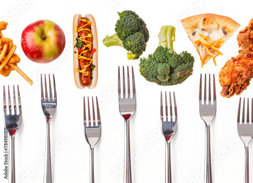 Diverse diet options from apple and fries to hot dog, broccoli, pizza, and fried chicken, each balanced on forks. 