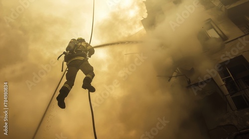 The intense moment a firefighter rescues a trapped individual from a smoke-filled building, a powerful display of heroism and compassion.