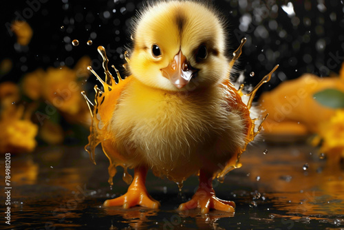A yellow duckling in rain boots, splashing in a puddle on a yellow background.