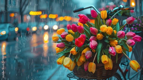 Colorful tulips in bicycle basket on rainy city street. Urban springtime. Fresh flowers delivery concept. Vibrant colors against grey mood. AI photo