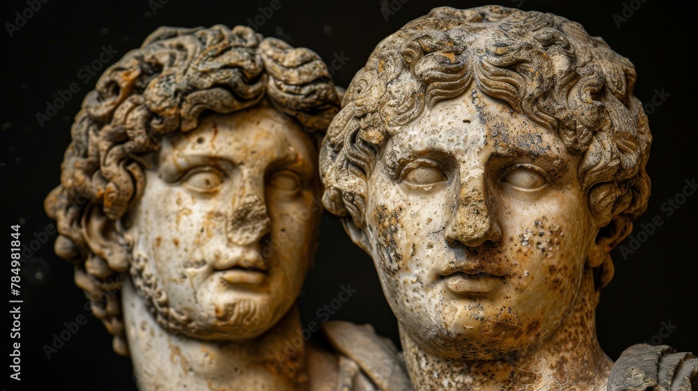 Obraz premium Ancient classical marble gypsum stoic, roman, greek bust, busts head sculpture against a colored background representing historical figures 