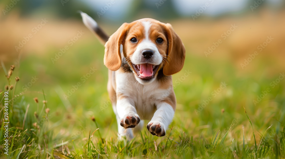 A joyful beagle puppy leaping in a grassy field, portraying the concept of a happy, energetic pet enjoying the outdoors. Generative AI