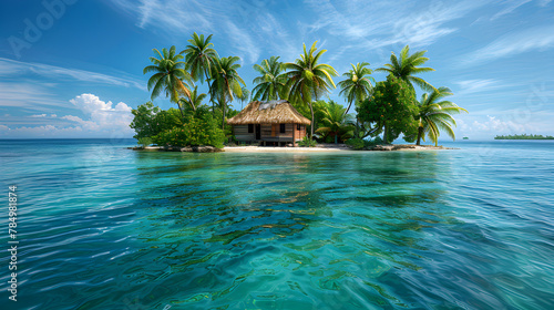 Tiny tropical island with hut and palms surrounded sea blue water