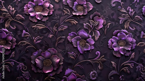 a dark purple wall adorned with a floral pattern in gold and purple hues