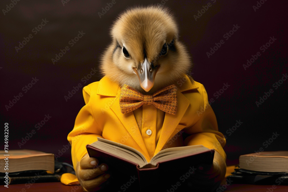 A yellow duckling in a yellow bowtie, reading a tiny book on a yellow background.