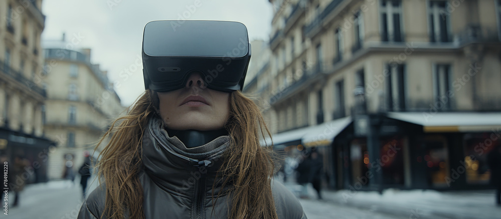 A woman on a city street wearing a VR headset, realistic style, urban background, concept of technology in everyday life. Generative AI A woman on a city street wearing a VR headset, realistic style, urban background, concept of technology in everyday life. Generative AI