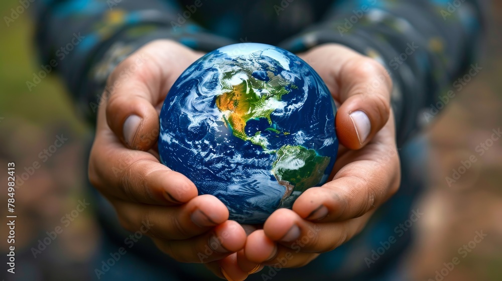 Earth Globe: A close-up photo of a hands holding a small Earth globe Earth Globe: A close-up photo of a hands holding a small Earth globe