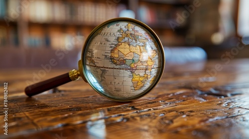 Earth Globe: A photo of a Earth globe with a magnifying glass focused on a specific area