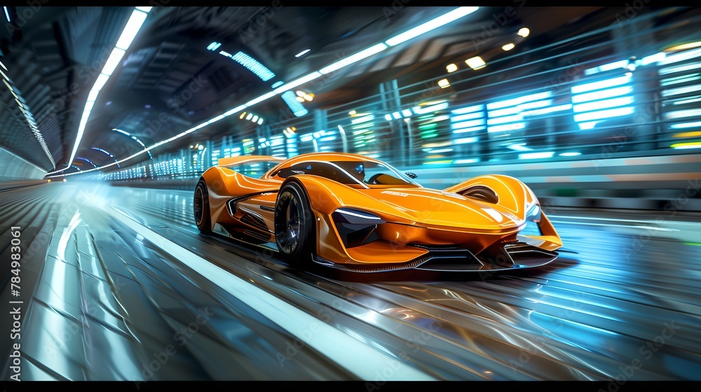 Futuristic Orange Sports Car Speeding Through a Modern Tunnel. Conceptual Automotive Design. High-Speed Urban Drive. Dynamic and Stylish Transport. AI