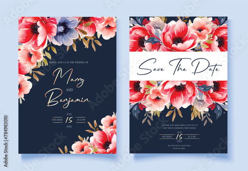 Wedding floral invite, invitation save the date card design with red and navy blue flowers and gold calligraphy. Vector template