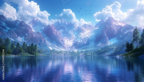 Snowy mountains surround a vast lake, generative ai