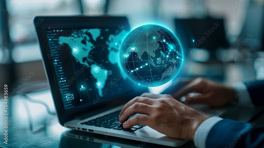 Global Business: A photo of a businessman using a laptop with a globe icon on the screen Global Business: A photo of a businessman using a laptop with a globe icon on the screen