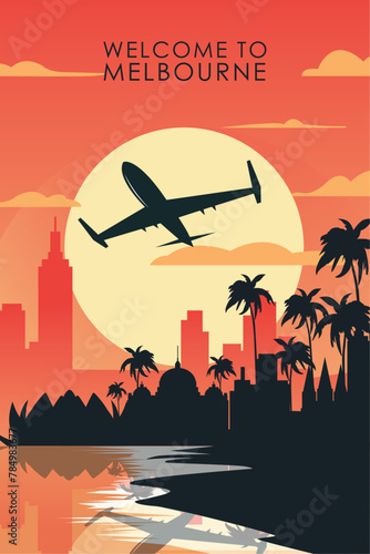 Welcome to Melbourne, Australia. Retro city poster with abstract shapes of skyline, buildings, plane flying over shore. Vintage Aussie travel vector illustration
