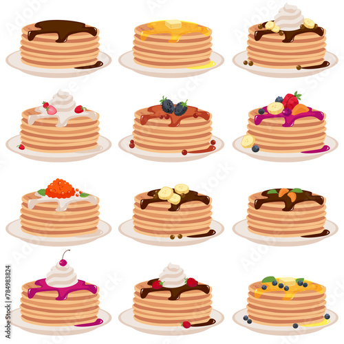 Pancakes with various fillings and berries set, vector illustration isolated.