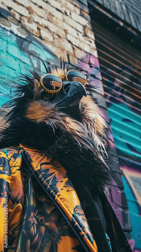 An ostrich with sunglasses and a leather jacket standing in front of a graffiti wall.