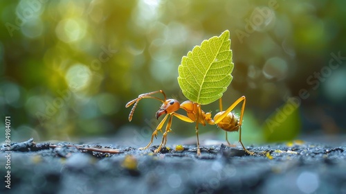 Insects and Bugs: A macro close-up photo of an ant carrying a leaf © MAY
