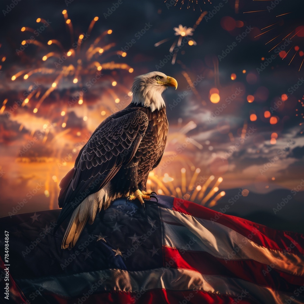 Fototapeta premium An imposing bald eagle sits in front of the American flag, with celebratory fireworks bursting in the backdrop