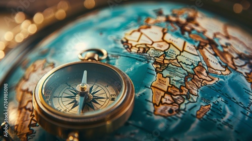 Travel and Tourism: A photo of a globe with a compass and a map