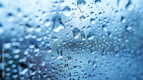 Water Droplets: A macro close-up photo of water droplets forming on a cold glass surface