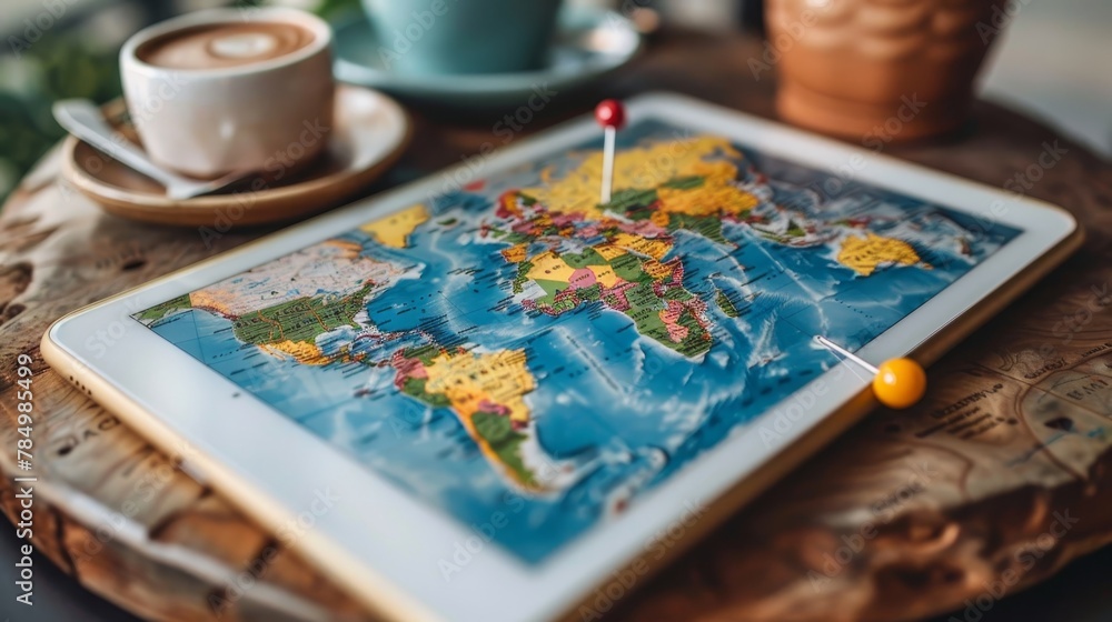 Fototapeta premium World Map: A photo of a world map on a tablet screen, with pins marking locations