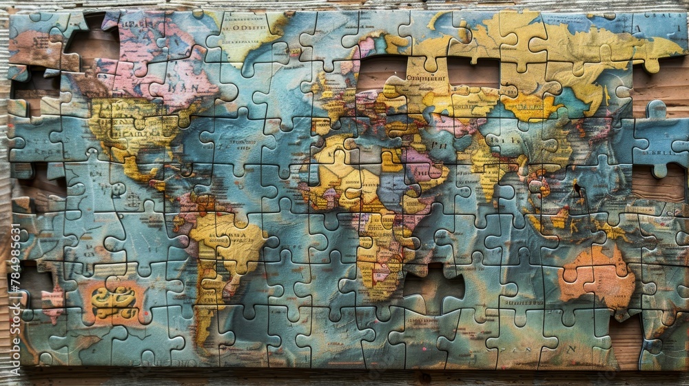 Fototapeta premium World Map: A photo of a world map puzzle, with pieces representing countries
